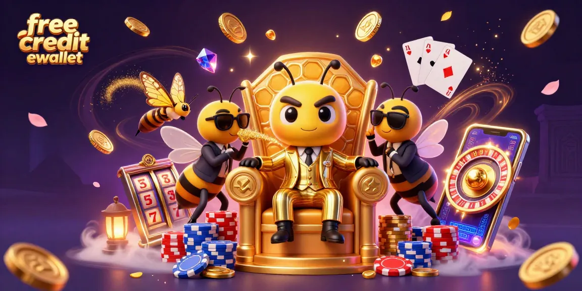Spin and win with free credit ewallet at a vibrant casino featuring lucky symbols and colorful characters.