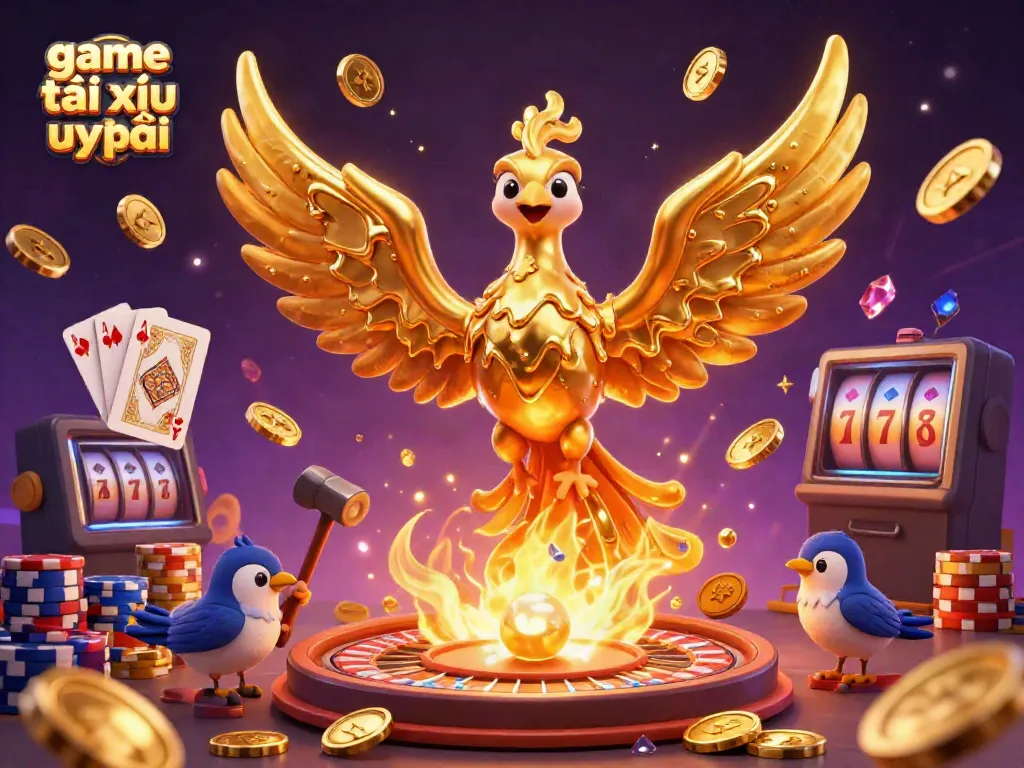 Experience thrilling gameplay with game tài xỉu uy tín, featuring a vibrant 3D illustration of a phoenix and casino elements.
