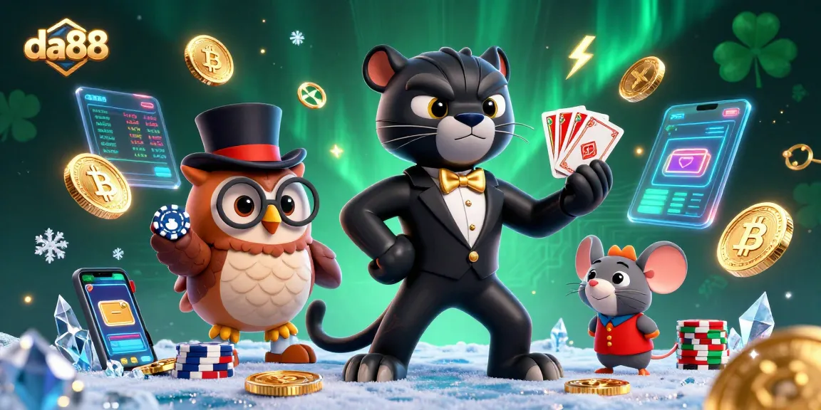 Engage with da88 through a vibrant scene of a panther dealing cards and lively characters amidst casino elements.