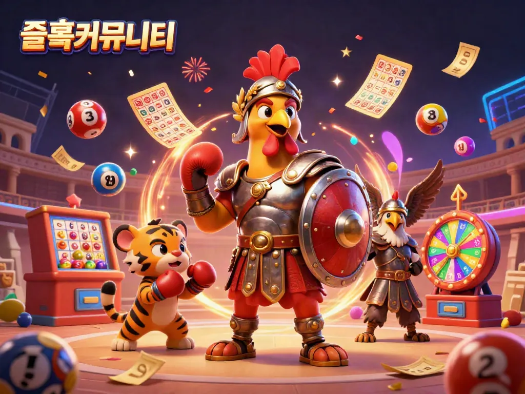 Engaging scene in a 슬롯커뮤니티 featuring dynamic gambling elements, including slot reels and lottery balls.
