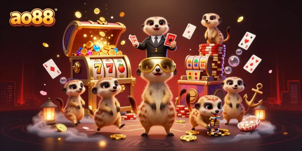 Experience the thrilling casino action at AO88 with playful meerkats managing games and treasures.