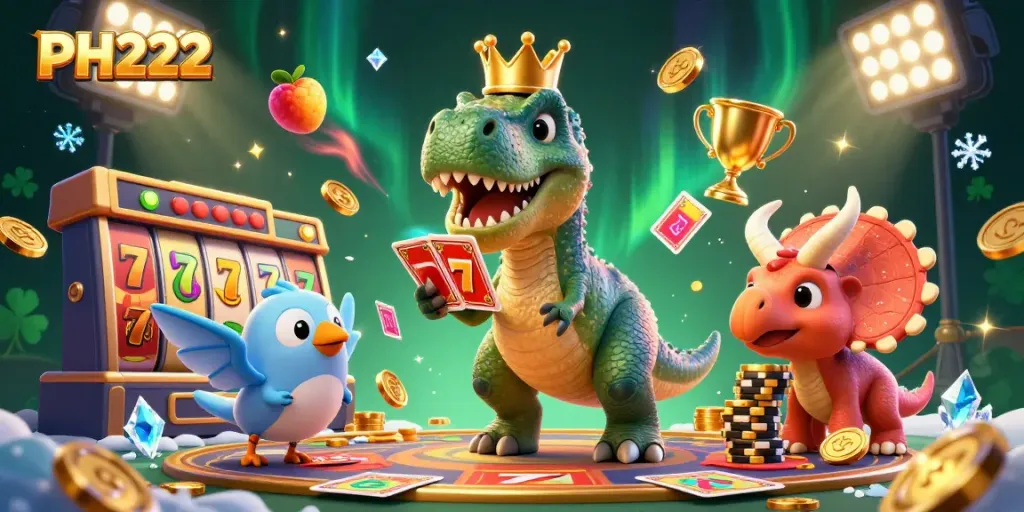 Play thrilling slots at PH222 with a friendly T-Rex and playful casino characters.