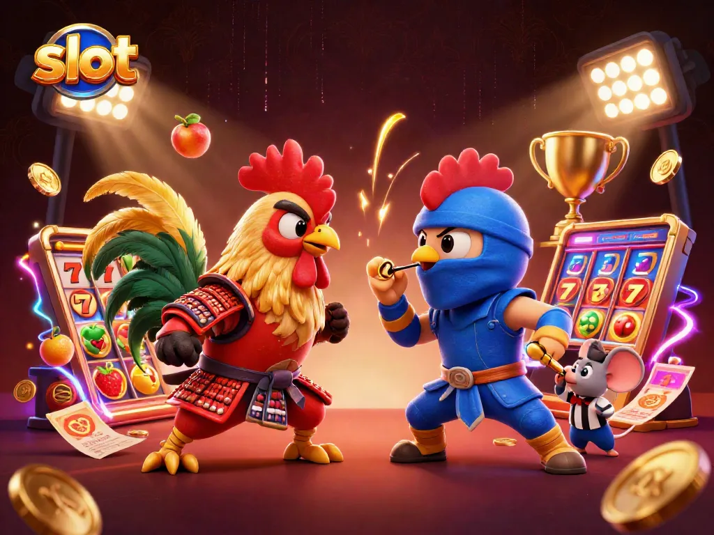 Spin the slot reels with fighting roosters amidst a dynamic casino scene bursting with energy.