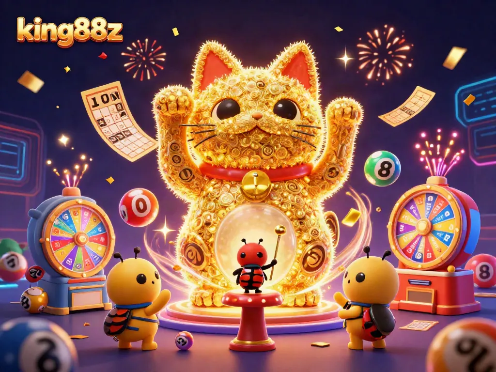 Engage with king88z's casino experience, featuring dynamic lucky cat and celebratory elements.