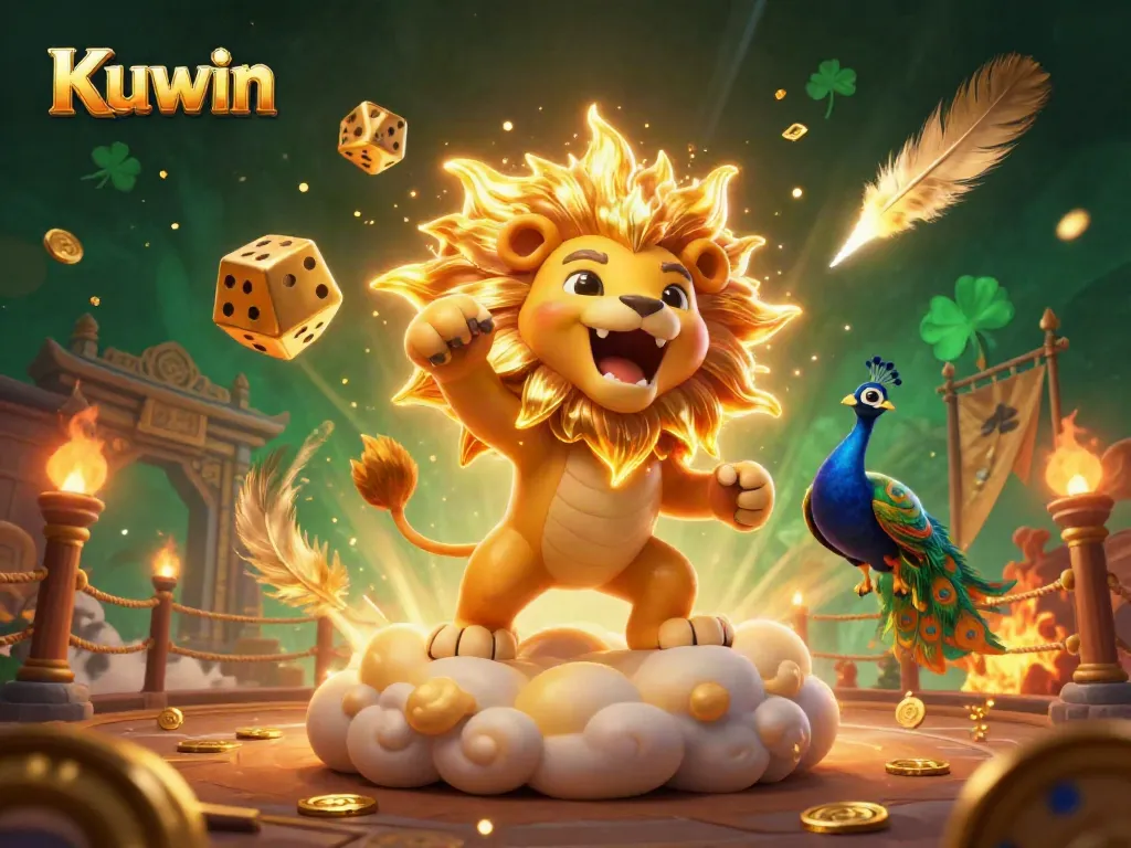 Kuwin showcases a vibrant 3D scene featuring a roaring lion and golden dice, symbolizing exciting casino action.