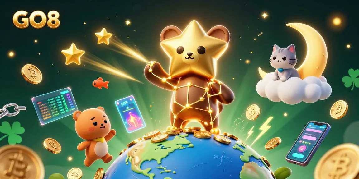 Experience epic wins with GO8 as the constellation bear scoops coins from Earth, surrounded by crypto elements.