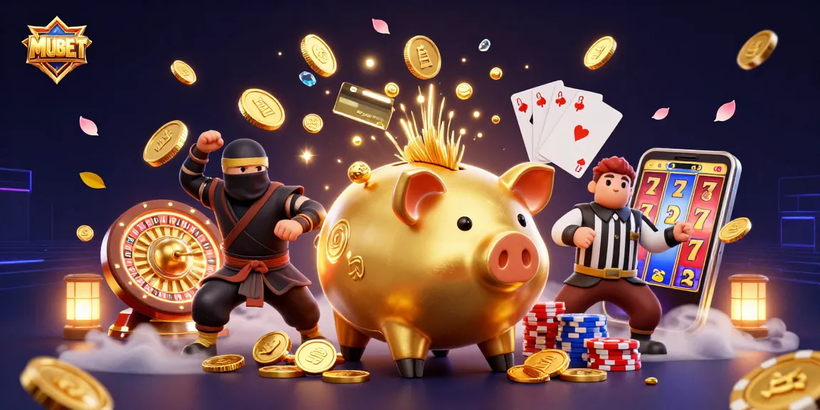 Engage with MUBET's vibrant casino scene, featuring a golden piggy bank wrestler and dynamic game elements.