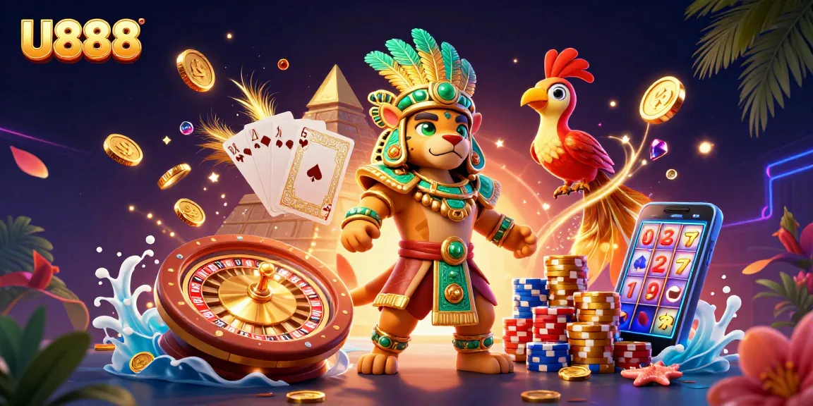 Experience the excitement of U888's dynamic casino scene with vibrant characters and thrilling game elements.