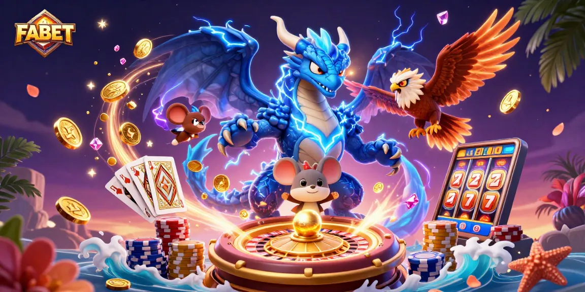 Experience thrilling gameplay at FABET with dynamic casino elements from a vibrant 3D illustration.