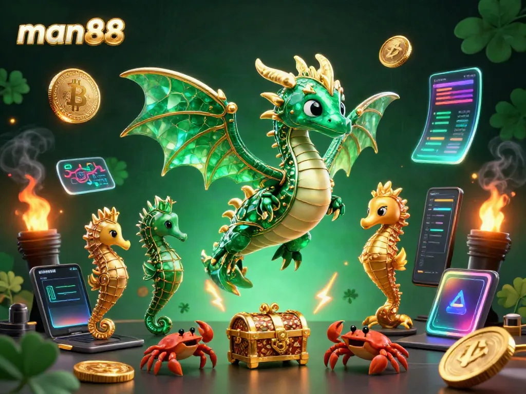 Experience the exciting world of man88 with a lively sea dragon and crypto-themed casino elements.