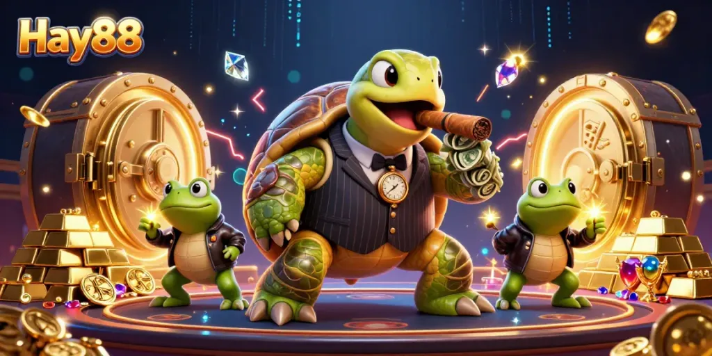 Engage in thrilling gameplay with Hay88, featuring a mobster turtle and frog enforcers in a vibrant casino.
