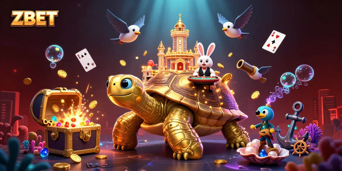 ZBET illustrates a vibrant casino scene with a golden tortoise carrying a casino, showcasing interactive gambling elements.