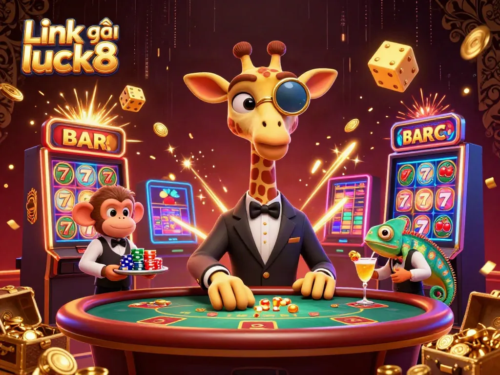Engage with the vibrant scene of Link vào luck8, featuring a high-roller giraffe at a lively casino setup.