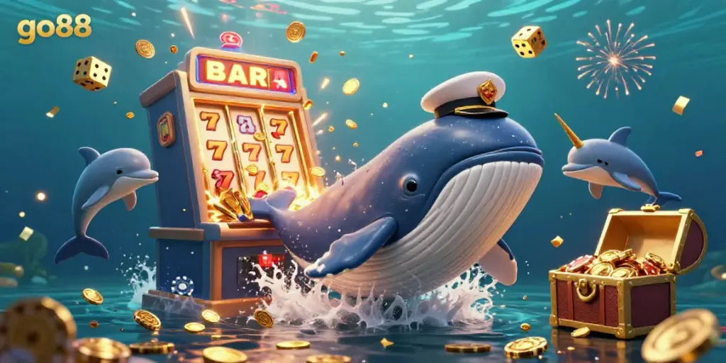 Experience thrilling gameplay with go88 featuring a cartoon whale and vibrant slot elements.