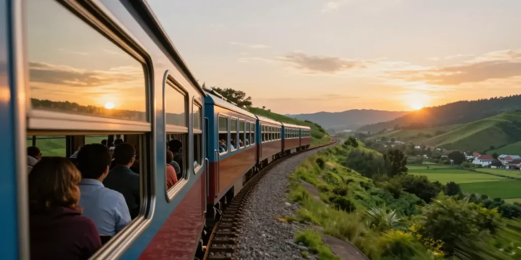 Travelers enjoying scenic group train tickets journey through picturesque valleys.
