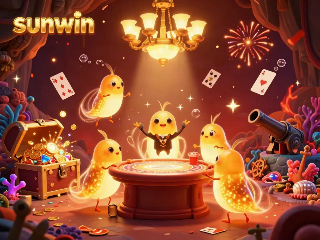 Sunwin illuminates an underground casino with glowing glowworms and a bat dealer, featuring rich casino elements.