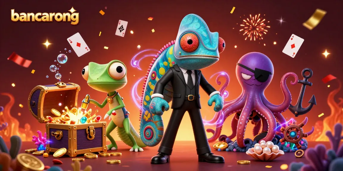 Experience exciting bancarong gameplay with chameleons and treasure in a vibrant casino scene.