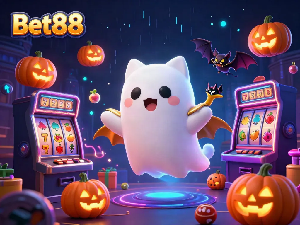 Experience Bet88's thrilling casino adventure with a ghost cat and vampire bat amidst dynamic slots and vibrant visuals.