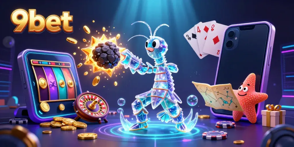 Experience thrilling gaming action with 9bet as the galactic mantis shrimp battles for coins amidst colorful slot games and glowing effects.