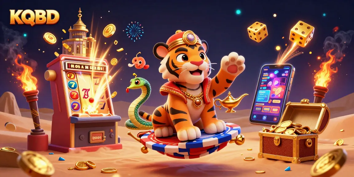 KQBD showcases an enchanting illustration of an Arabian Nights-themed tiger sultan, flying on a carpet of poker chips amidst a stunning jackpot scene.