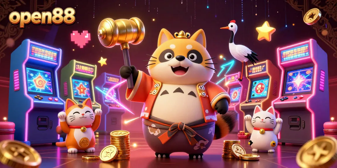 Join the fun with open88 featuring a cheerful tanuki and fortune cats enthralling players in a vibrant casino scene.