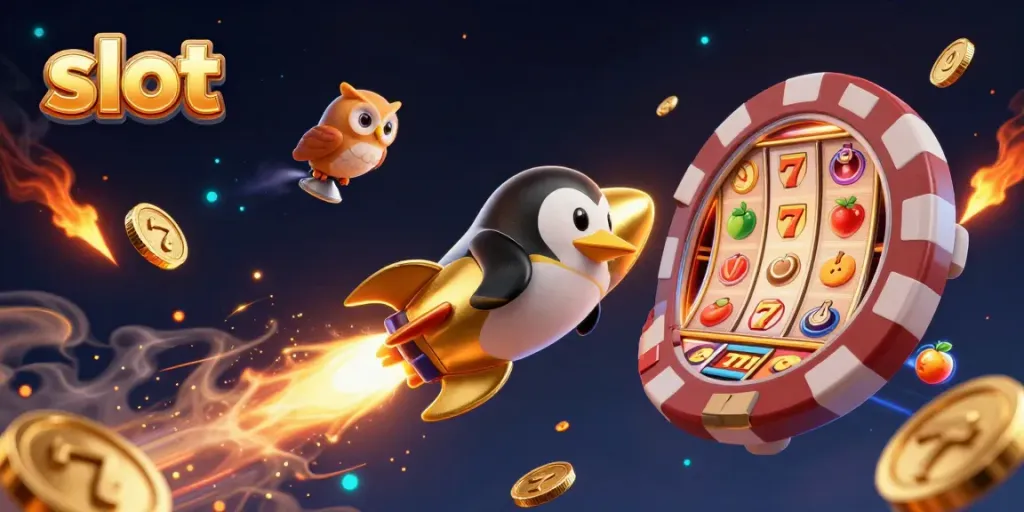 Experience thrilling slots action with a golden penguin and casino space station in vibrant 3D