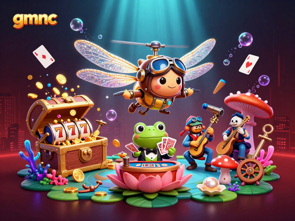 Experience the thrills at gmnc with this vibrant scene showcasing a dragonfly pilot and frog croupier.