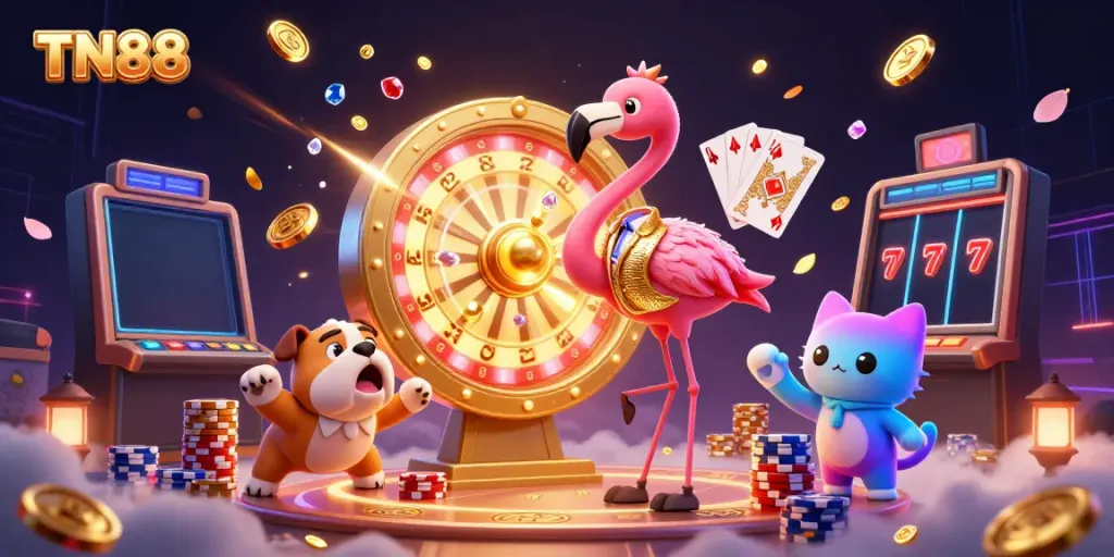 Experience the excitement of gambling with TN88 as a flamingo host spins a golden wheel.