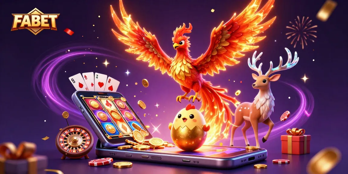 Experience FABET's vibrant gaming world with fire phoenix and baby phoenix hatching among casino elements.