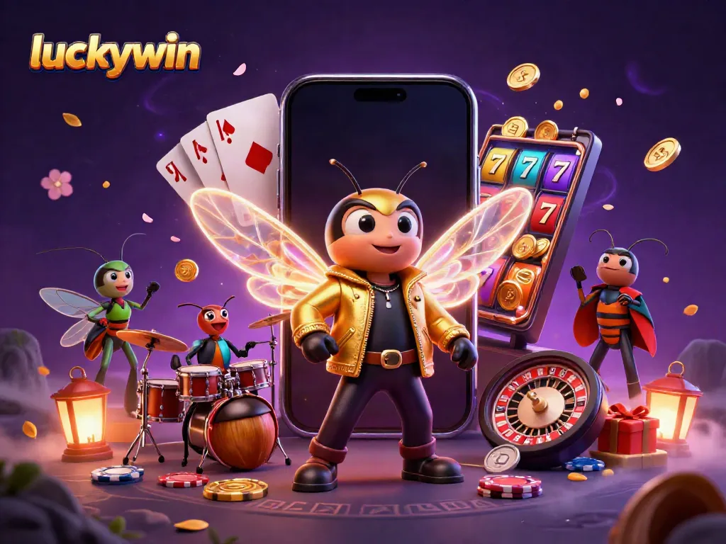 Engage with luckywin's vibrant casino atmosphere featuring a rock star in a dynamic scene of excitement.