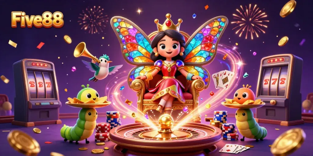 Experience the excitement of Five88 Casino with vibrant characters, chips, and dynamic gaming elements.