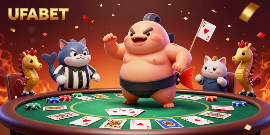 Engage with UFABET's exciting underwater poker action featuring a puffed fugu and catfish referee.