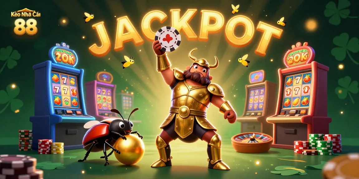 Kèo Nhà Cái 88 showcases a 3D hercules beetle celebrating a poker win, surrounded by vibrant casino elements.