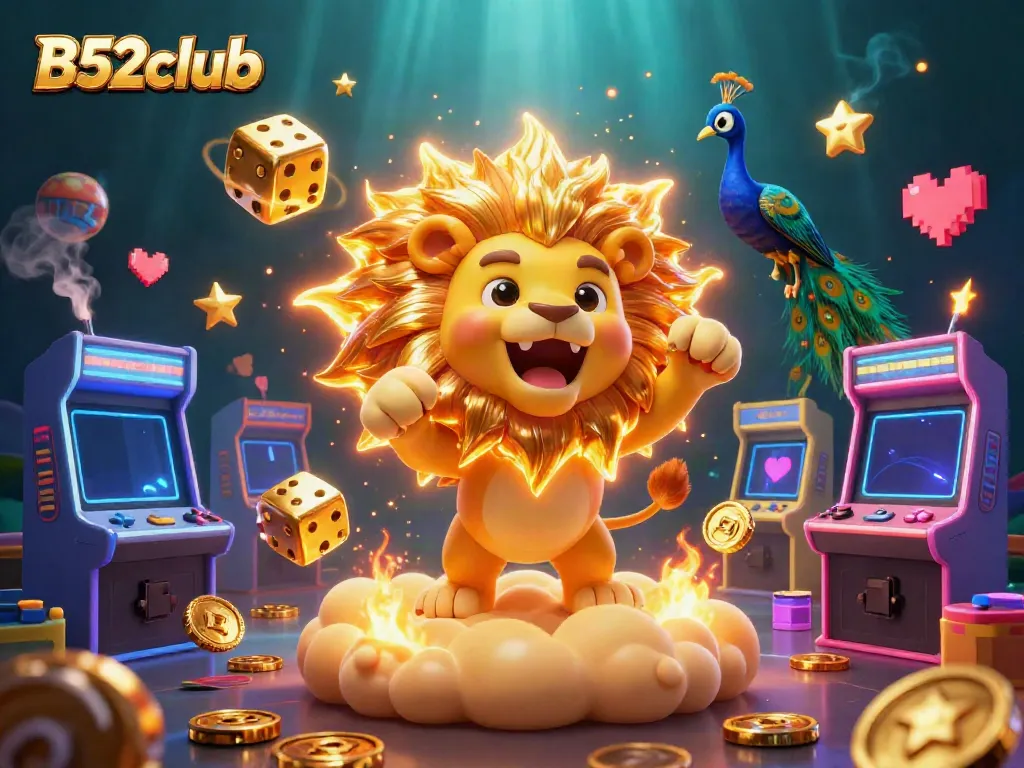 Experience thrilling games at B52club with a vibrant 3D illustration showcasing fun casino gaming elements.