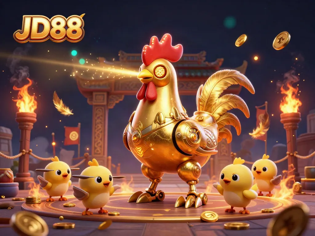 Engage with JD88's vibrant gaming scene featuring a golden rooster robot and baby chick drones.