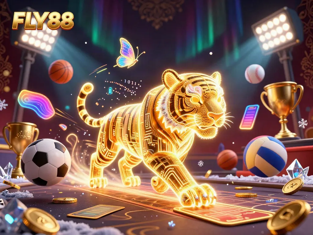 Experience FLY88 in a vibrant digital casino scene with a neon-wireframe tiger and dynamic gaming elements.