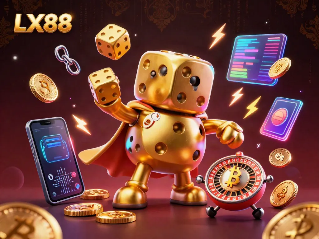 Experience the excitement of LX88 with a golden dice golem and crypto elements in a vibrant casino scene.