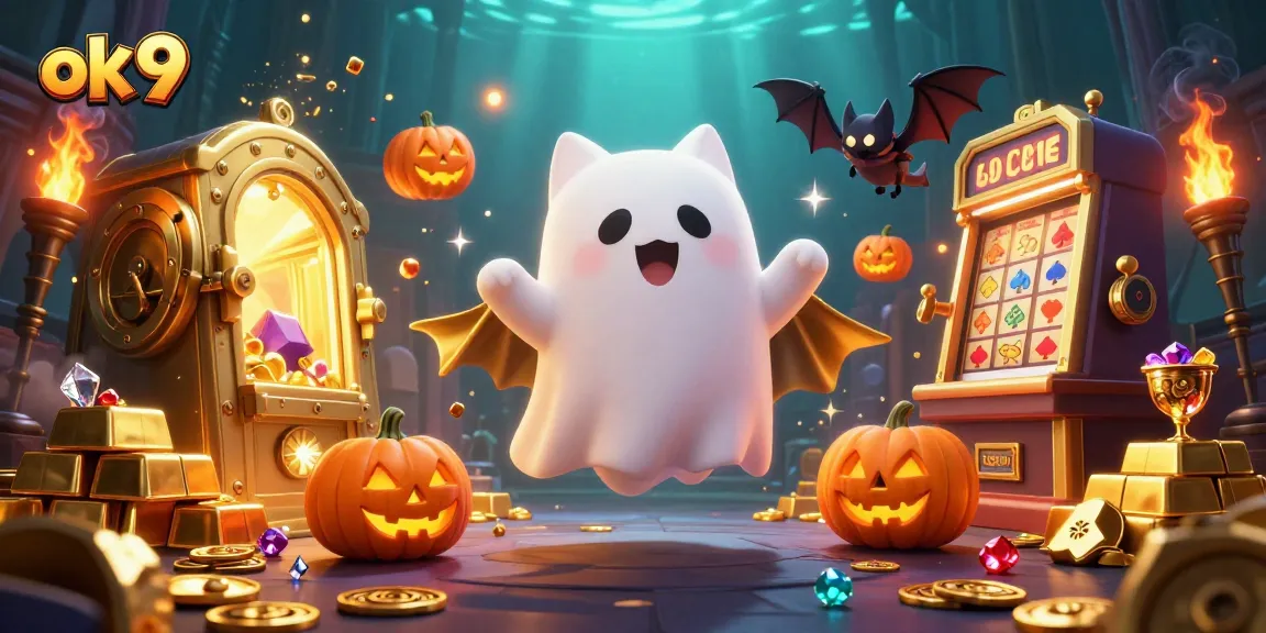 Experience thrilling gameplay with ok 9, featuring a ghost cat and vampire bat in a dynamic casino setting.