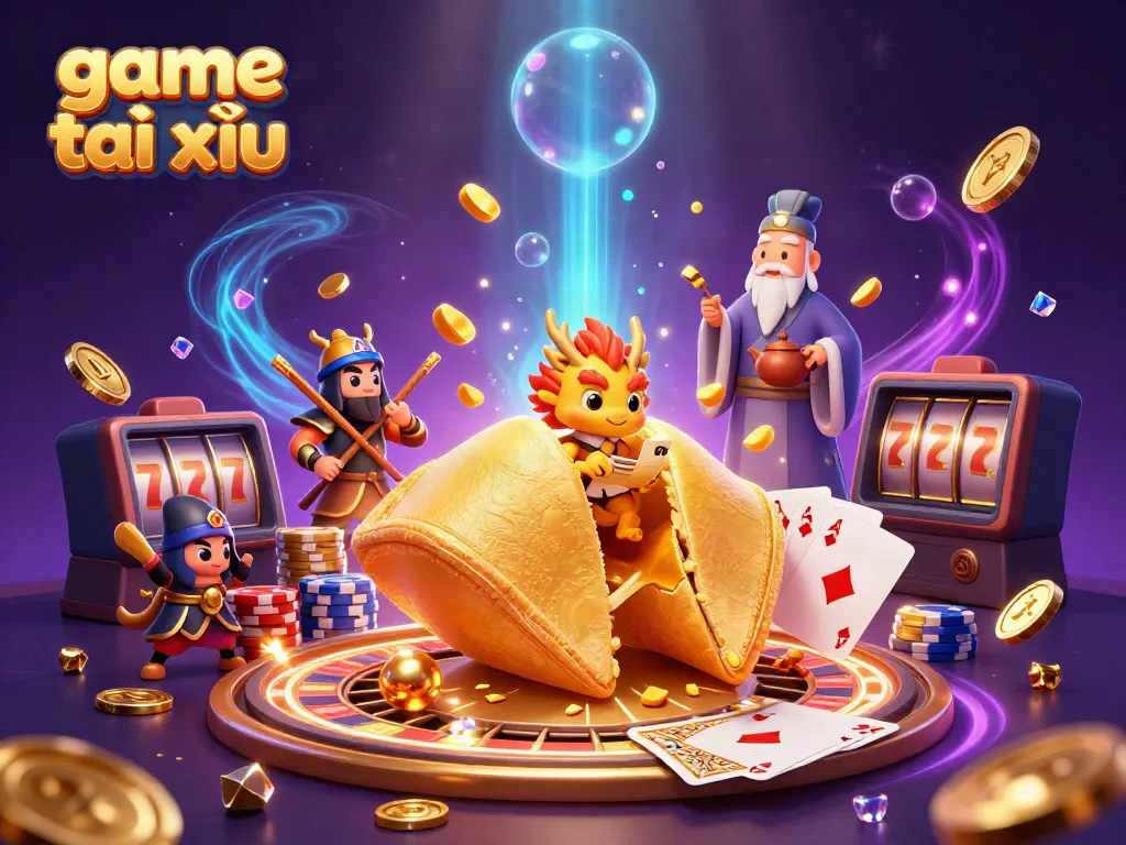 Engage in thrilling game tài xỉu with a rich illustration of fortune cookies, dragons, and dynamic casino elements.
