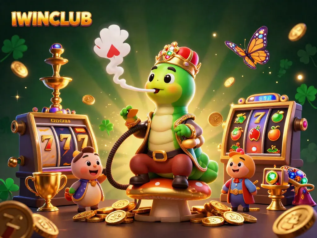 Experience IWINCLUB's exciting gaming universe with a vibrant 3D caterpillar master and casino-themed symbols.