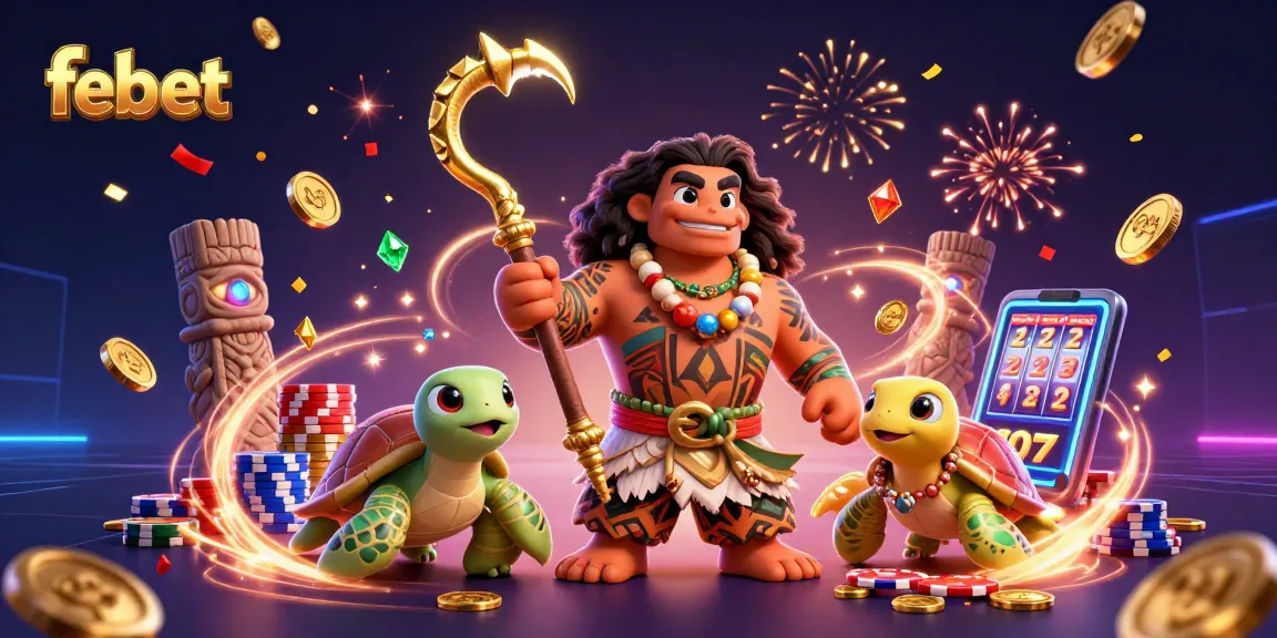 Spin the wheels with febet as a Polynesian demigod and turtle celebrate wins surrounded by casino elements.