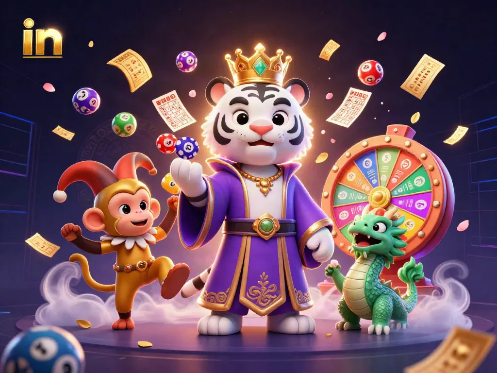 Spin the vibrant lottery with 3D characters in a lively casino theme, featuring the keyword 'in'.