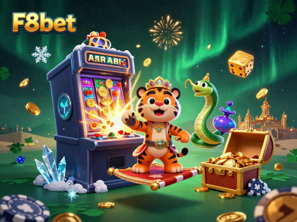 Experience the excitement of F8bet with a vibrant scene of a tiger sultan on a magical carpet amidst a casino atmosphere.