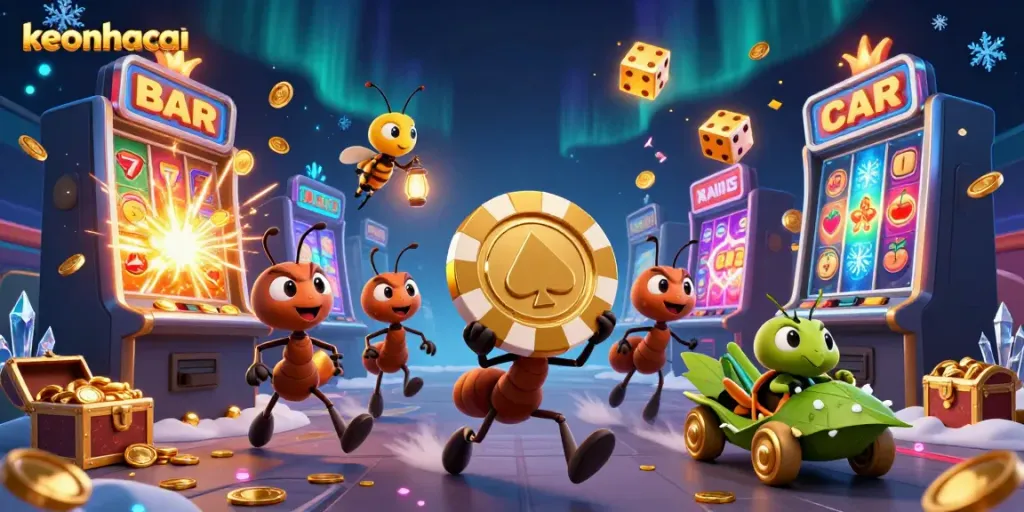 Join the keonhacai ants in a whimsical heist with golden poker chips amid a casino explosion!