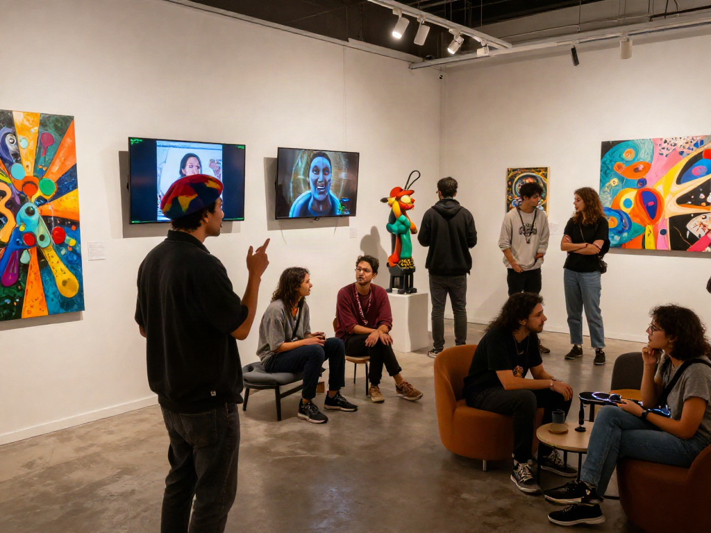 Dynamic NSFW AI art exhibit featuring diverse audience engaging with provocative digital artworks.