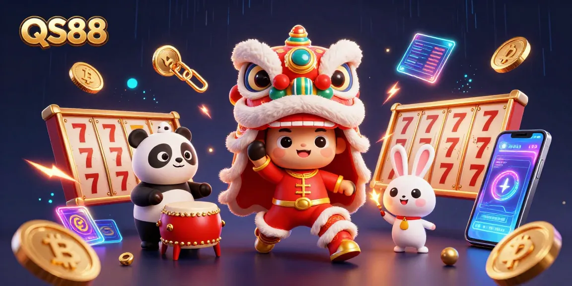 Experience thrilling slots at QS88 with a vibrant lion dance and cryptocurrency themes.