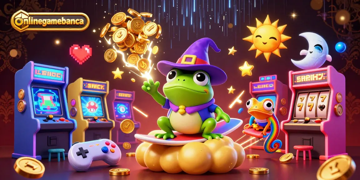Engage with onlinegamebanca in a vibrant 3D cartoon illustration of a weather wizard frog and chameleon surrounded by golden coins and casino elements.