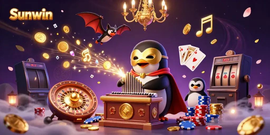 Sunwin gambling scene featuring a playful penguin and dazzling casino elements.