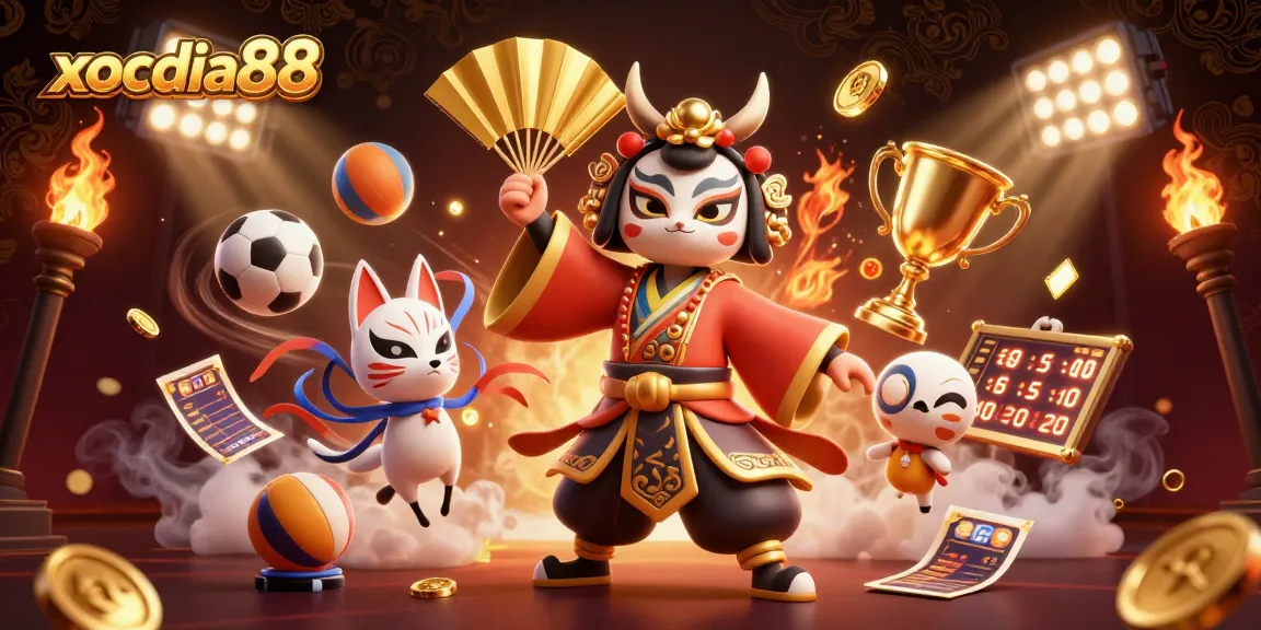 Xocdia88 engages gamblers with vibrant 3D illustration of a kabuki warrior alongside flying sports elements.