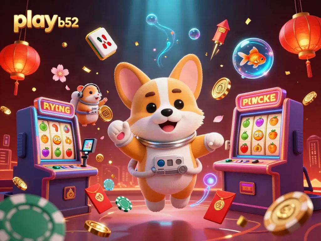 Play B52 in a dynamic space casino scene with slot machines and floating characters.